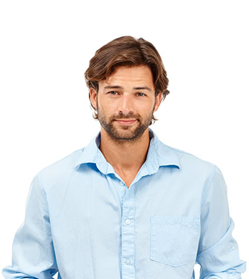 A man with long hair and beard wearing a blue shirt.